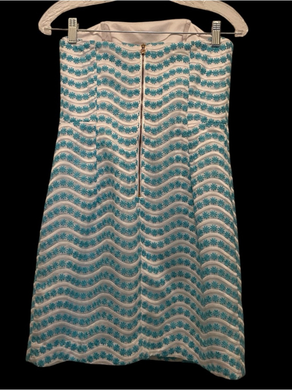 Lilly Pulitzer Strapless Aqua and White Wave-Print Dress - Picture 3 of 4